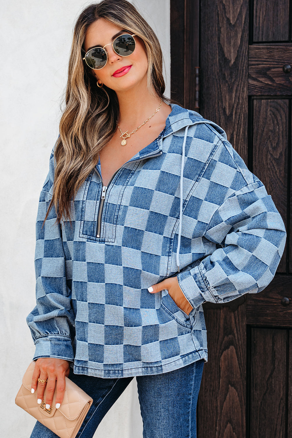 Dark Grey Checkered Denim Wide Leg Jeans