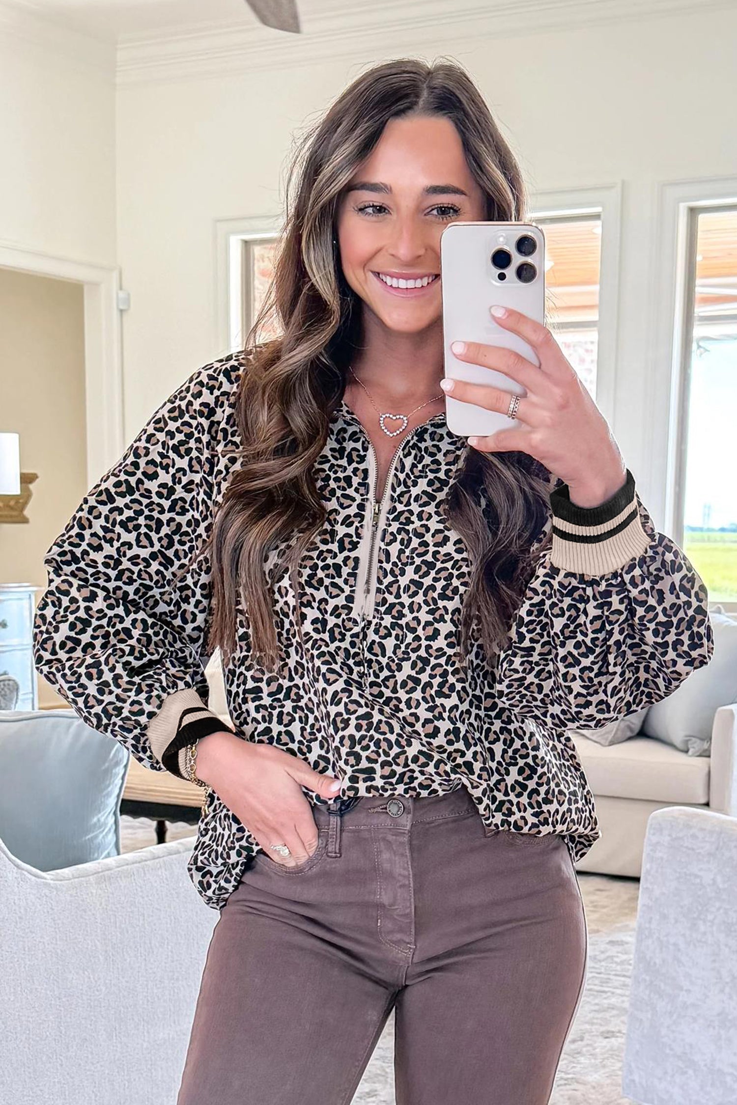 Brown Leopard Print Half Zip Striped Trim Patchwork Short Sleeve Top