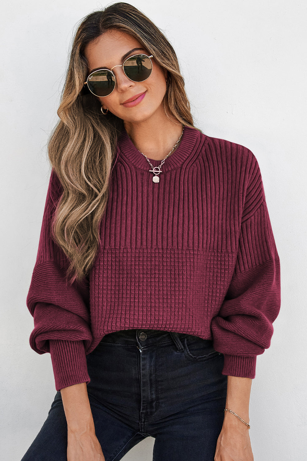 Vineyard Green Solid Color Mixed Textured Knitted Crew Neck Sweater