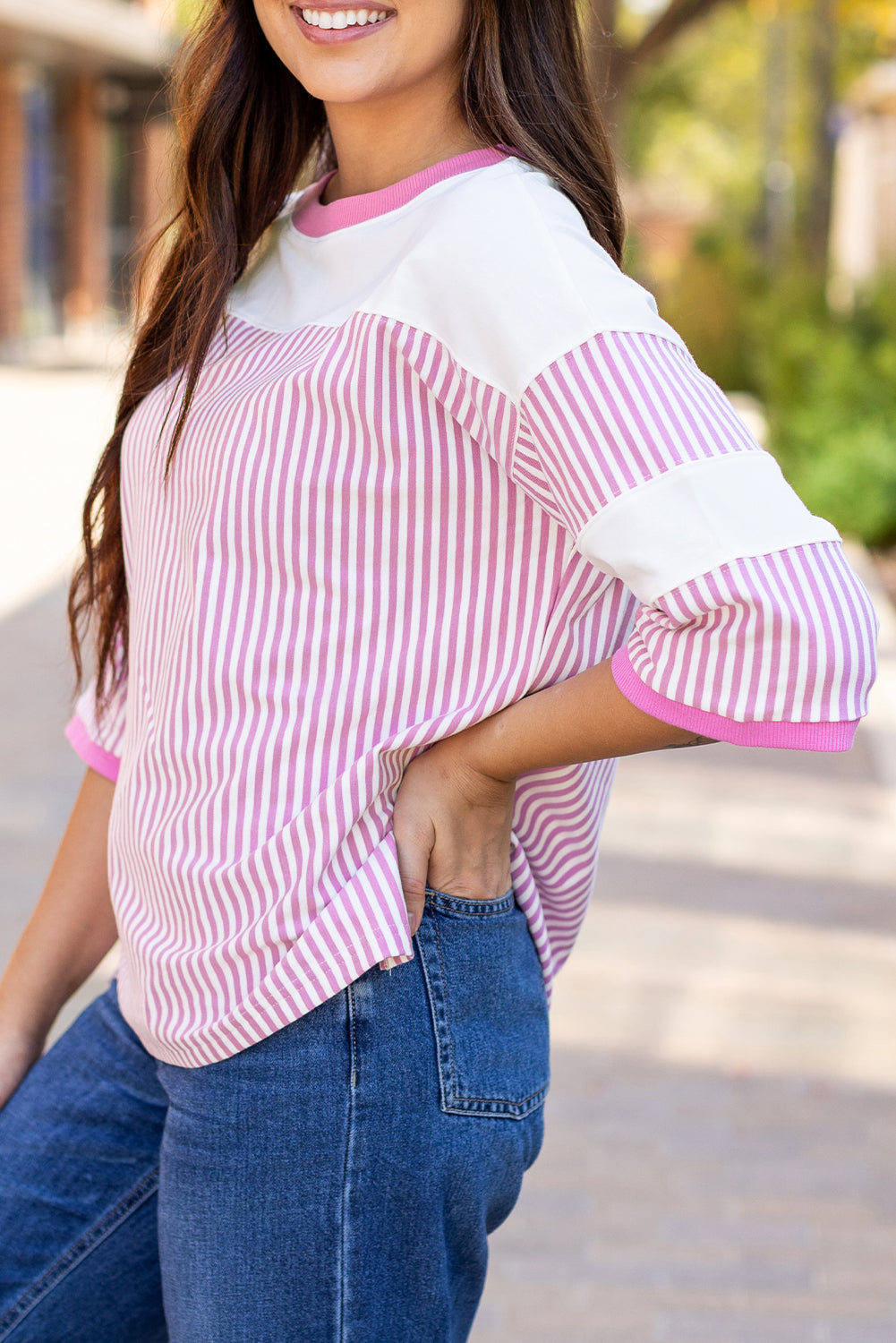 Pink Stripe Patchwork Bracelet Sleeve Plus Size T Shirt