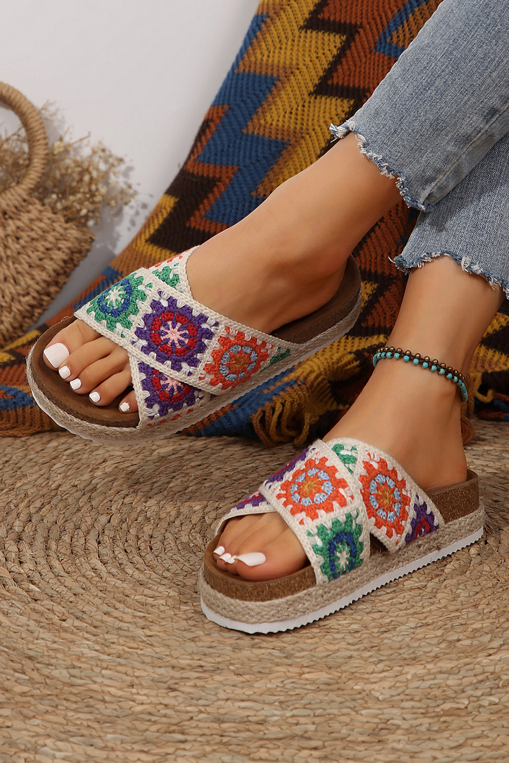 White Geometric Woven Crisscross Strap Platform Slippers