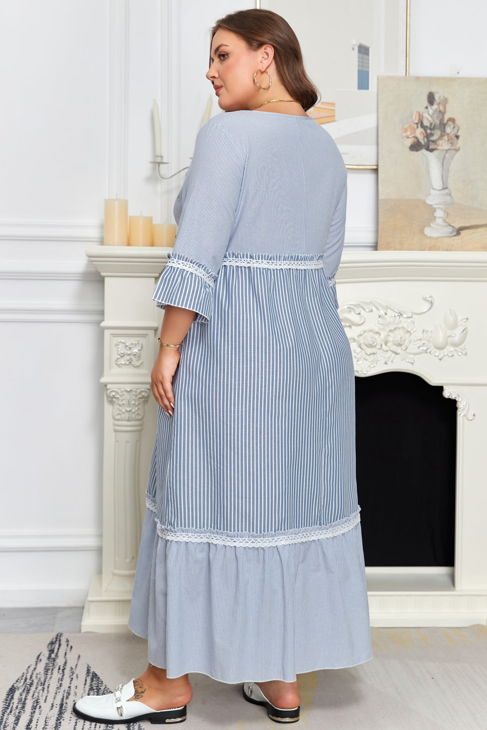 Sky Blue Stripe Patchwork Crossed Lace Detail Bracelet Sleeve Maxi Dress
