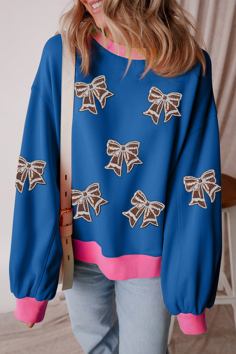 Blue Colorblock Patchwork Sequin Rugby Bow Patched Puff Sleeve Sweatshirt