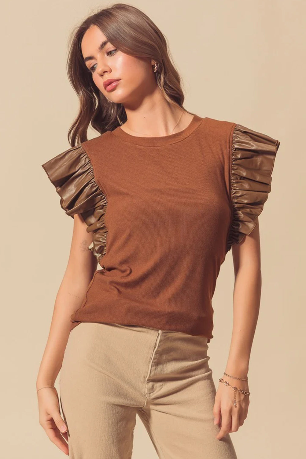 Black GAME DAY Checkered Letter Graphic Leatherette Ruffle Sleeve Top