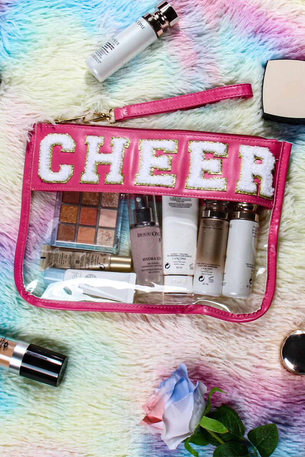 Fiery Red CHEER Chenille Letter PU Leather Patchwork Clear Makeup Bag