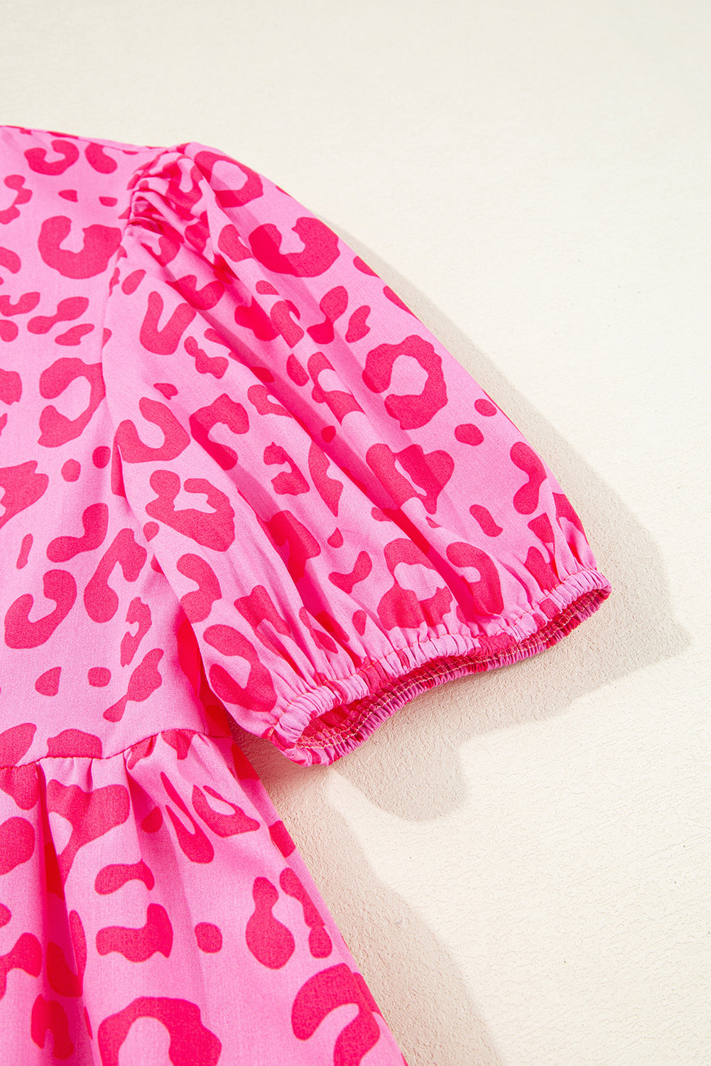 Bright Pink Solid Color Puff Sleeve Tie Front High Waist Mini Dress