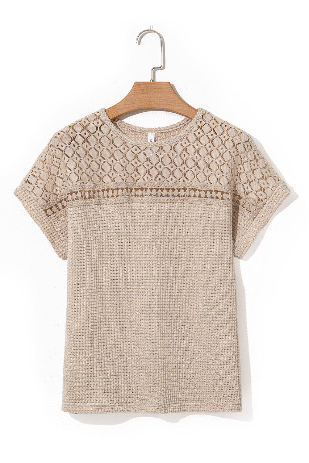 Mist Green Lace Patchwork Waffle Short Sleeve Top