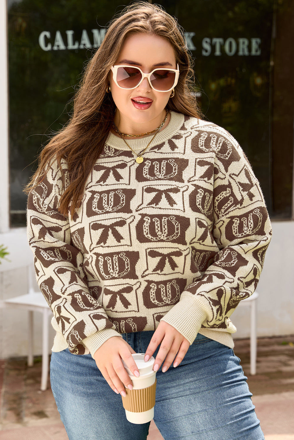 Brown Bows & Horseshoes Pattern Western Fashion Print Sweater