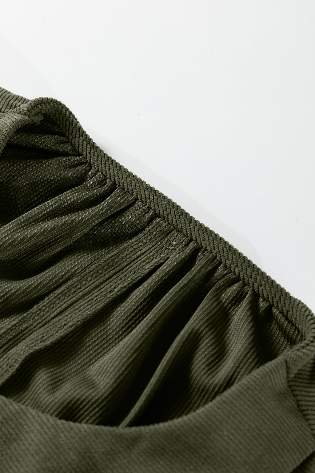 Moss Green Bracelet Sleeve Split Neck Scallop Detail Pleated Corduroy Mini Dress