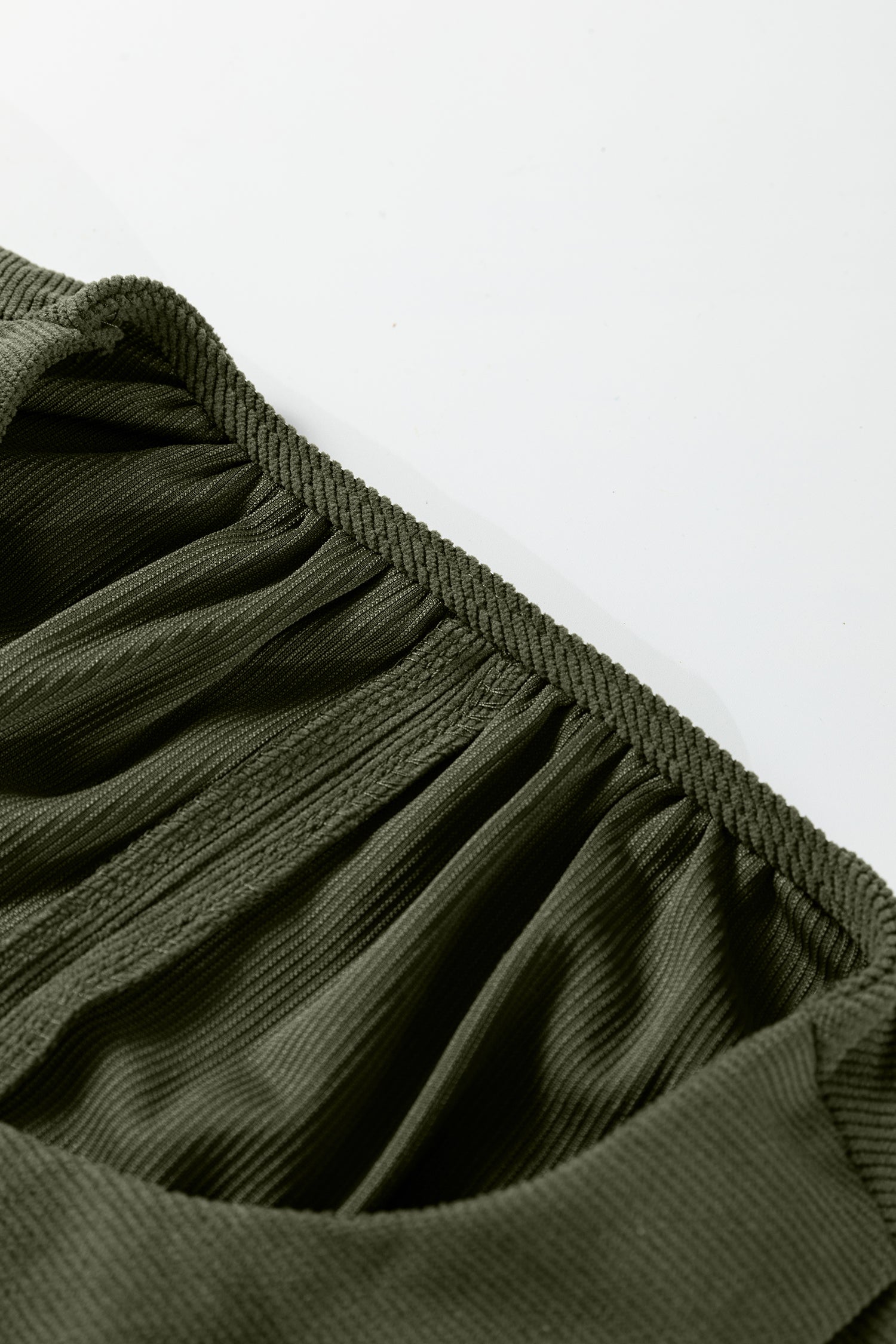 Moss Green Bracelet Sleeve Split Neck Scallop Detail Pleated Corduroy Mini Dress