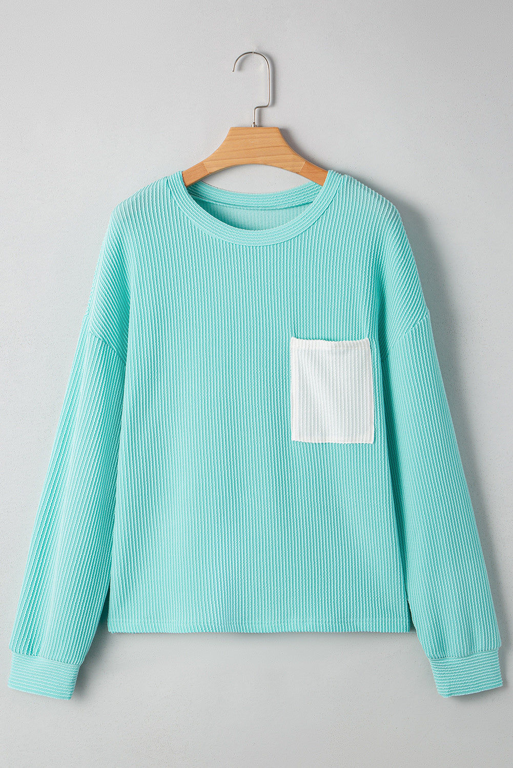 Dark Blue Corded Knit Color Block Pocketed Crew Neck T Shirt