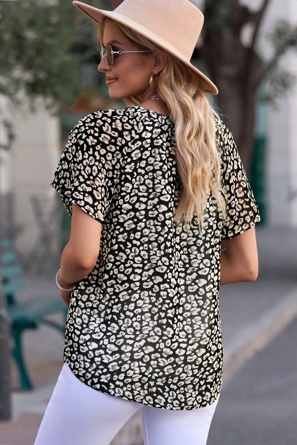 Blue Flutter Sleeve V Neck Floral Summer Blouse