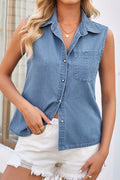 Sky Blue Single Chest Pocket Collared Sleeveless Shirt Style Denim Vest