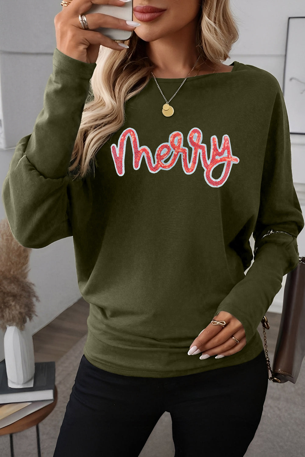 Four Leaf Clover Solid Color Extended Cuffs Long Sleeve Top
