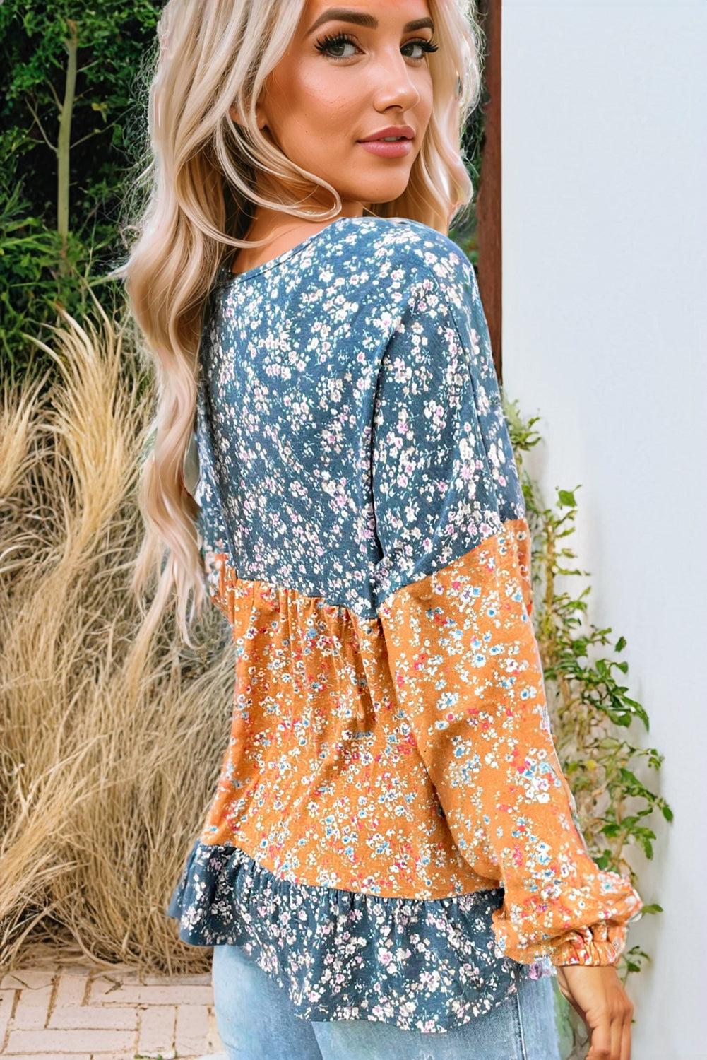 Orange Floral Color Block Patchwork Ruffled Hem Round Neck Blouse