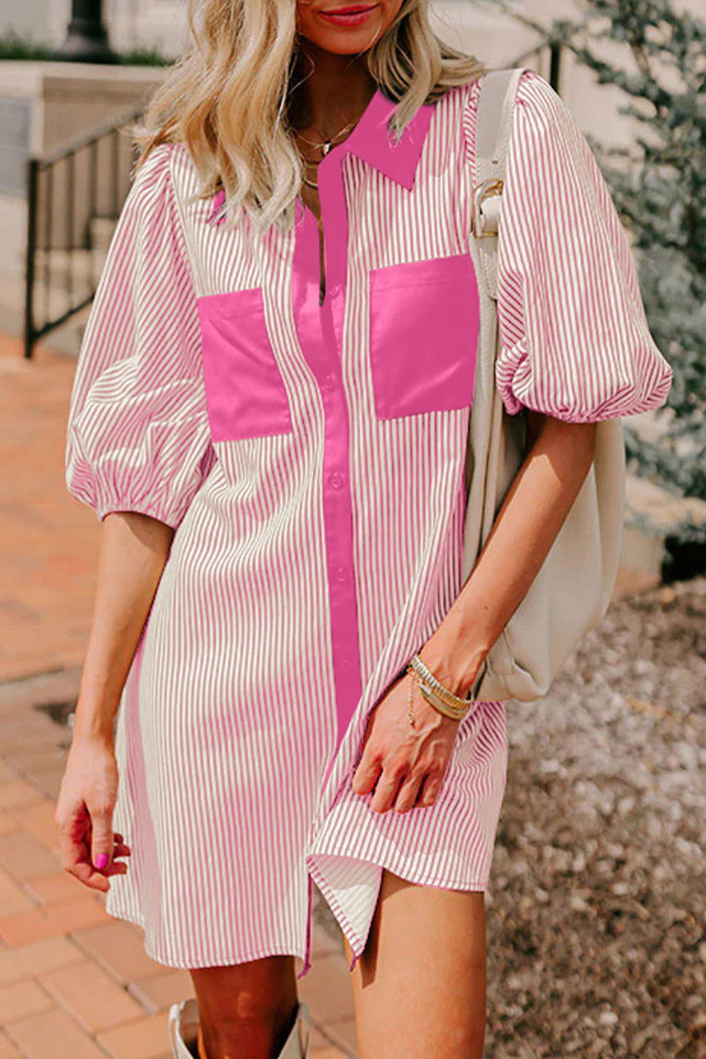 Black Stripe Color Block Patchwork Shirt Collar Button Down Puff Sleeve Mini Dress
