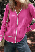 Bright Pink Color Contrast Side Pockets Button V Neck Cardigan