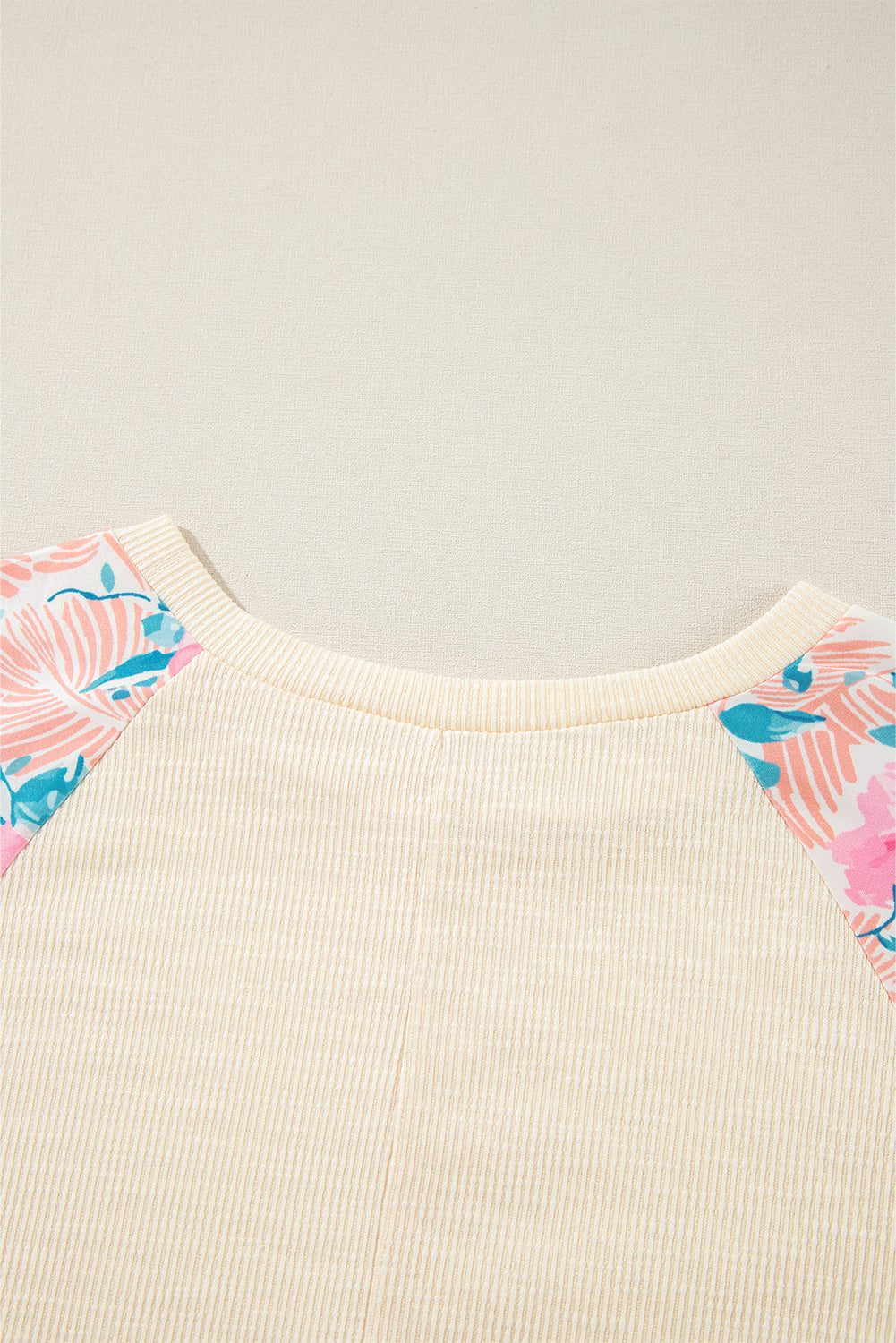 Apricot Plus Size Floral Patchwork Ribbed Puff Sleeve Top