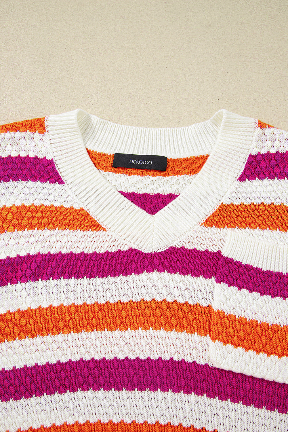 Rose Stripe V Neck Short Sleeve Sweater with Side Slits