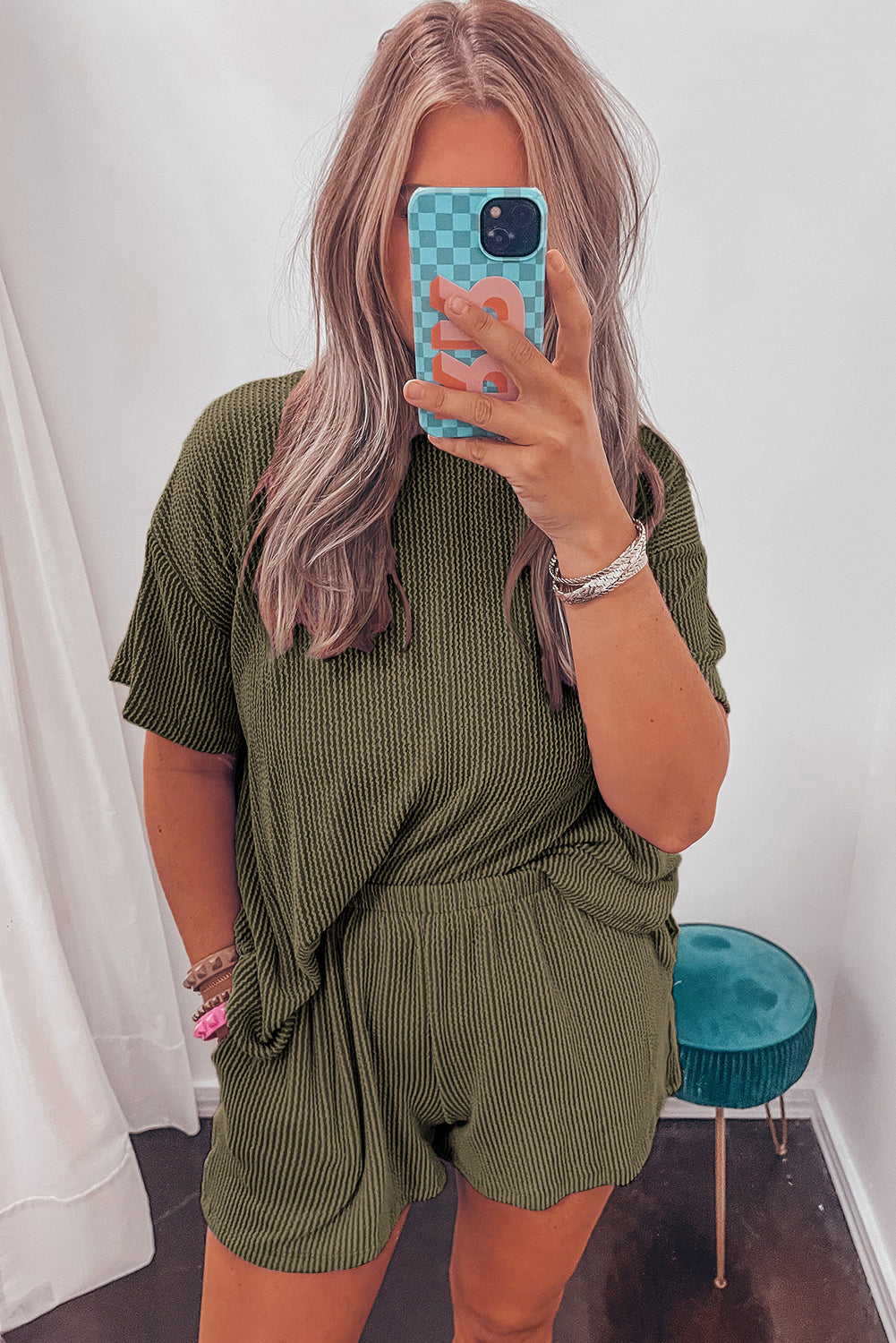 Chestnut Corded Knit Long Sleeve Top and High Waist Shorts Set