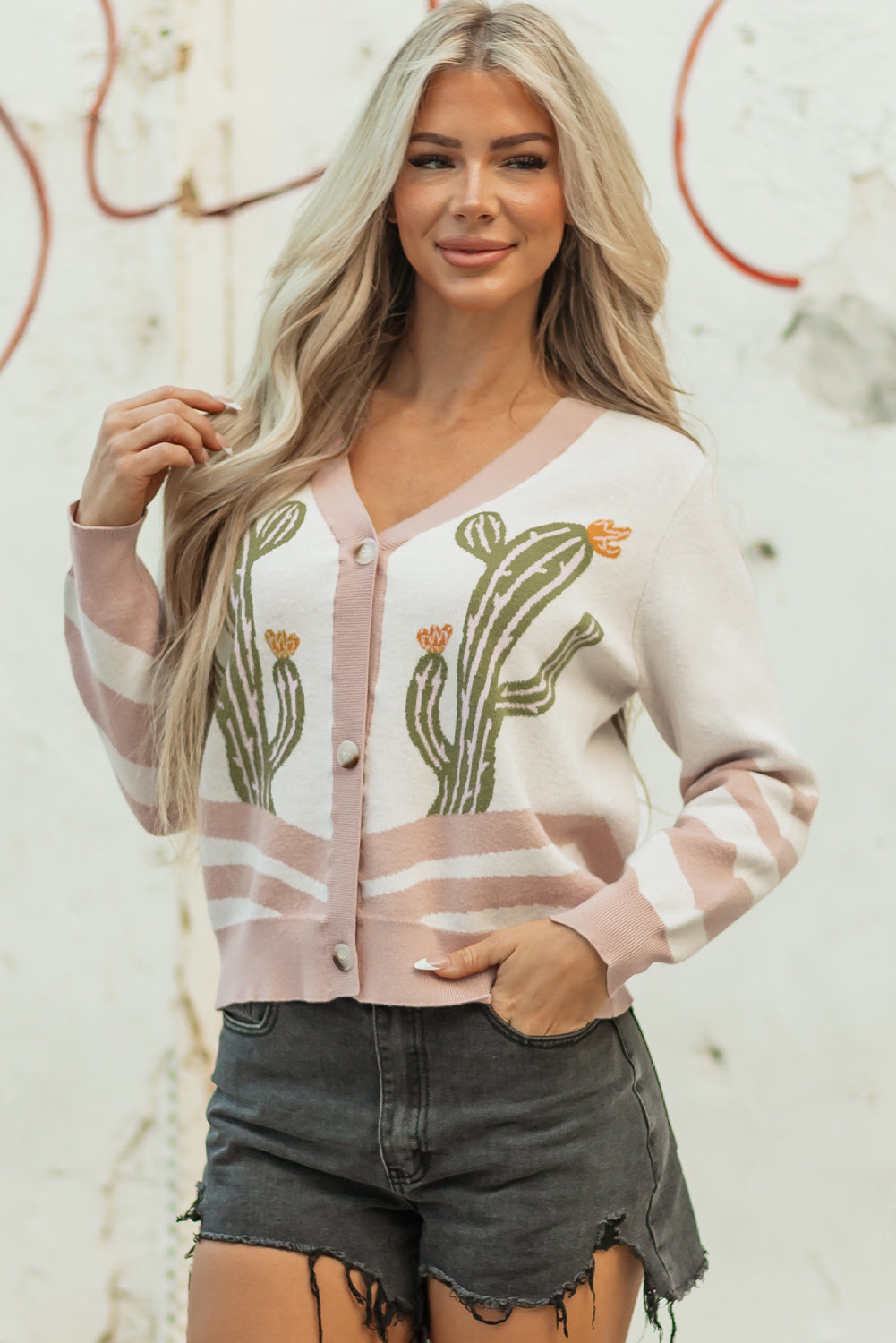 Apricot Western Desert Cactus Print Plus Size Button Cardigan Sweater