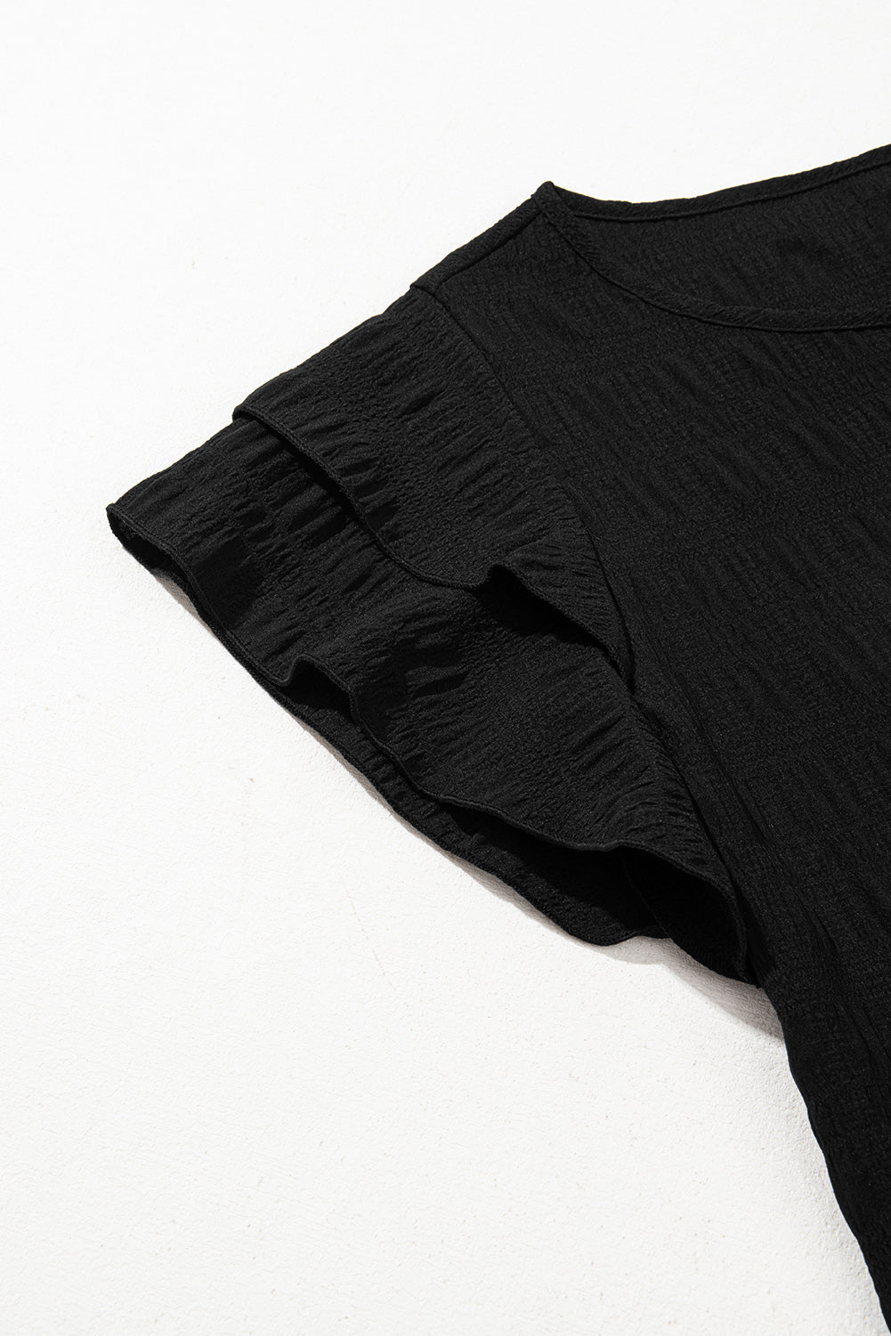 Dark Green Textured Ruffled Sleeve Round Neck Top