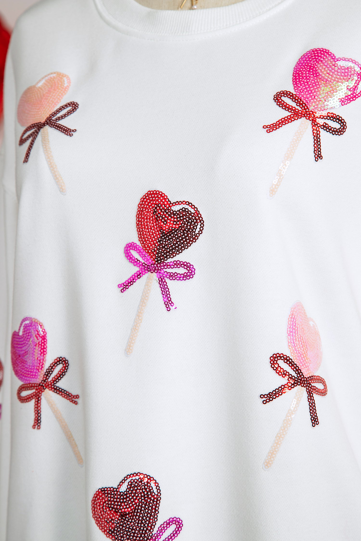 White Sequin Bow Heart Shape Lolly Valentines Day Graphic Sweatshirt