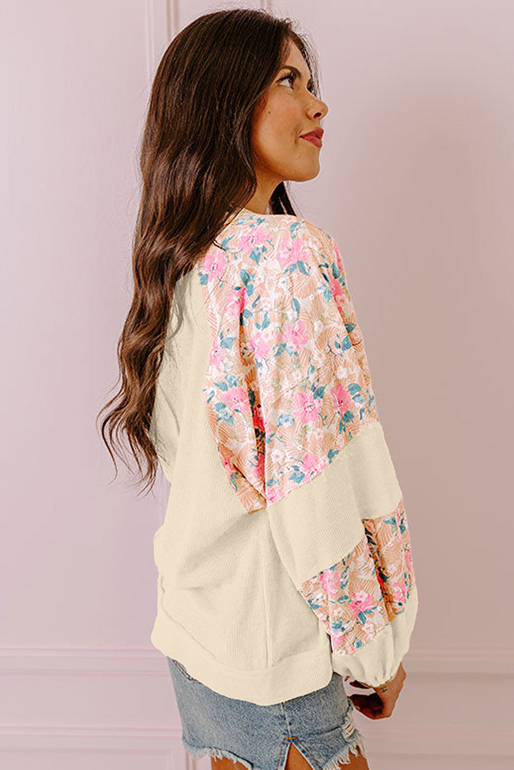 Apricot Plus Size Floral Patchwork Ribbed Puff Sleeve Top