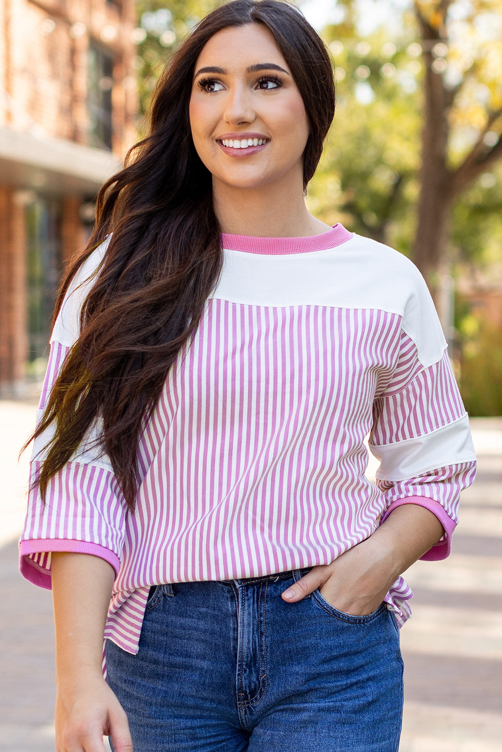 Pink Stripe Patchwork Bracelet Sleeve Plus Size T Shirt