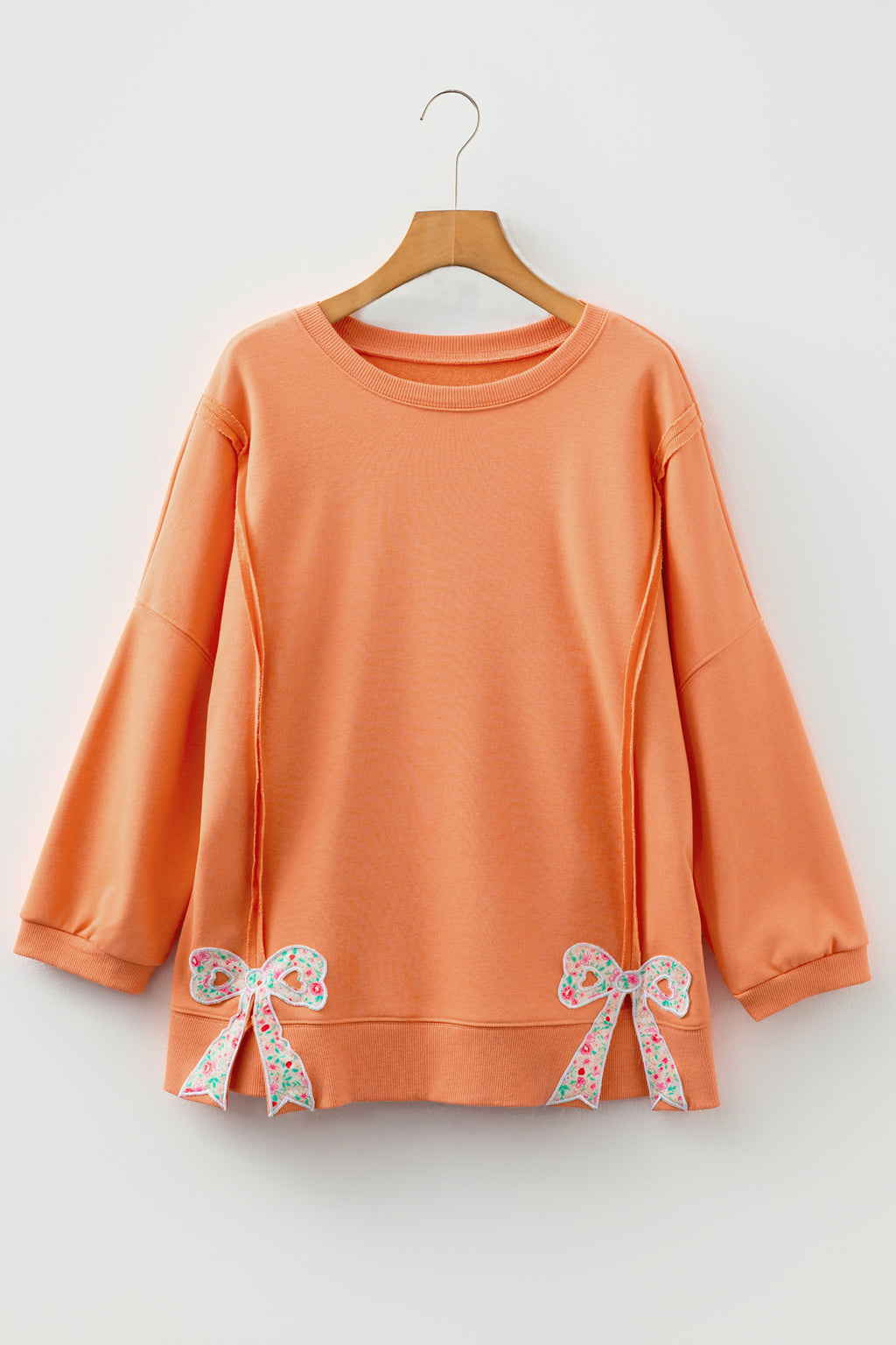 Beige Plus Size Raw Seam Detail Floral Bow Patched Baggy Pullover