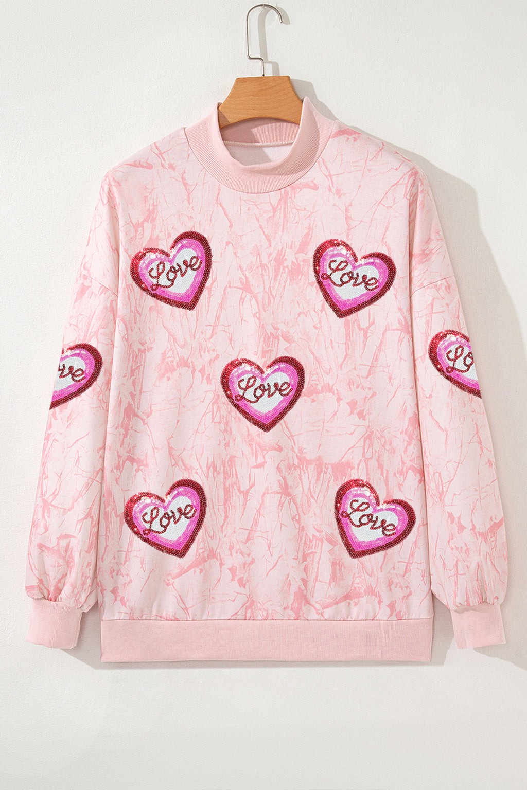 Pink Tie Dye Camo Sequin Love Heart Patched Mock Neck Sweatshirt