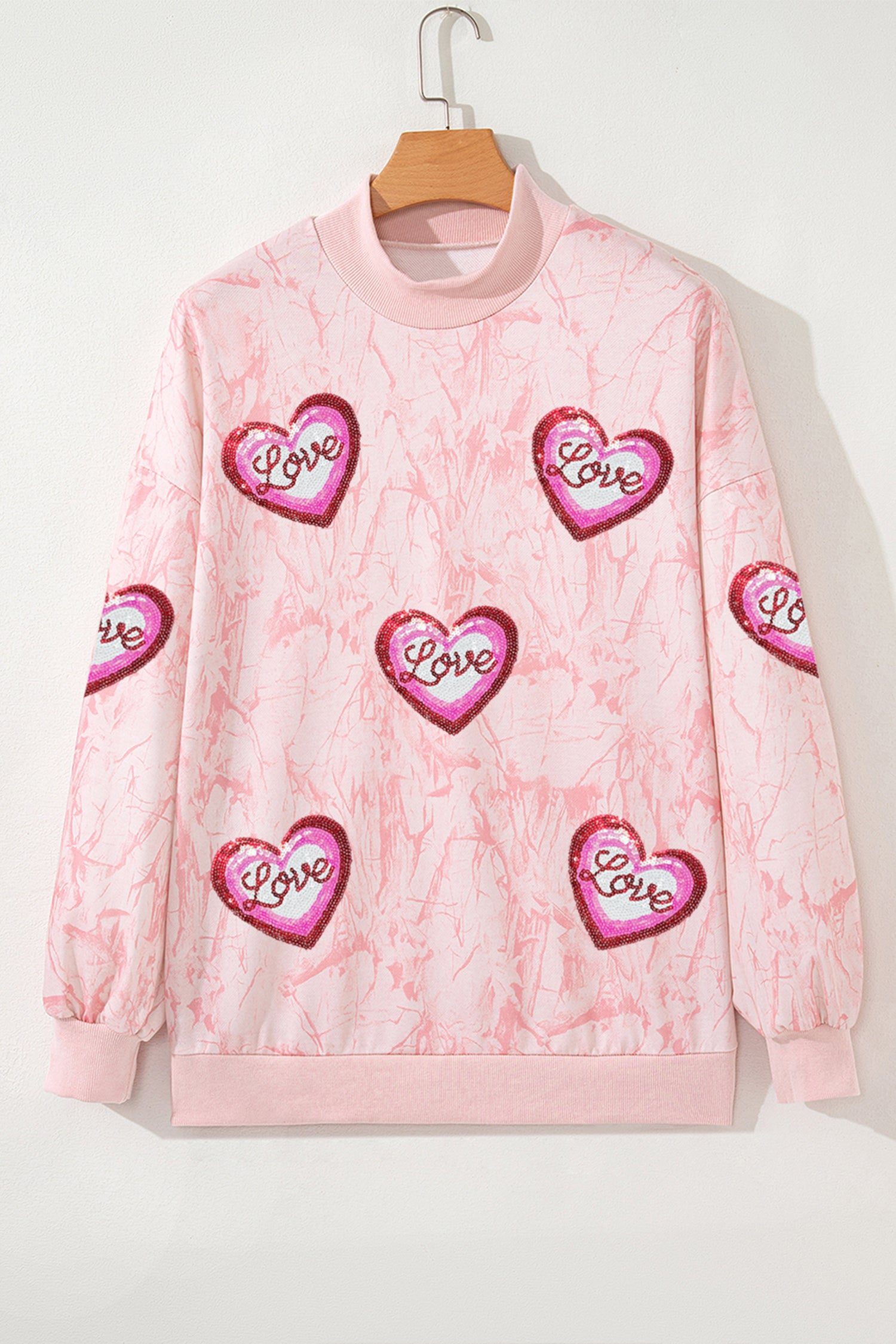 Pink Tie Dye Camo Sequin Love Heart Patched Mock Neck Sweatshirt