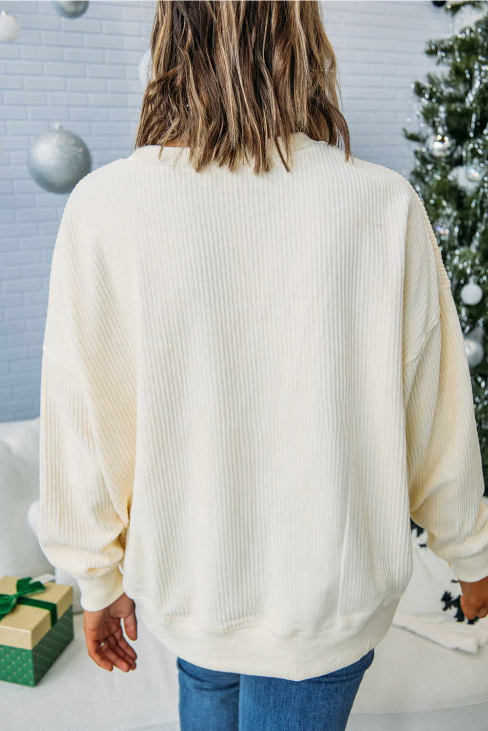 Dark Green merry little thing Corded Letter Graphic Ribbed Loose Sweatshirt