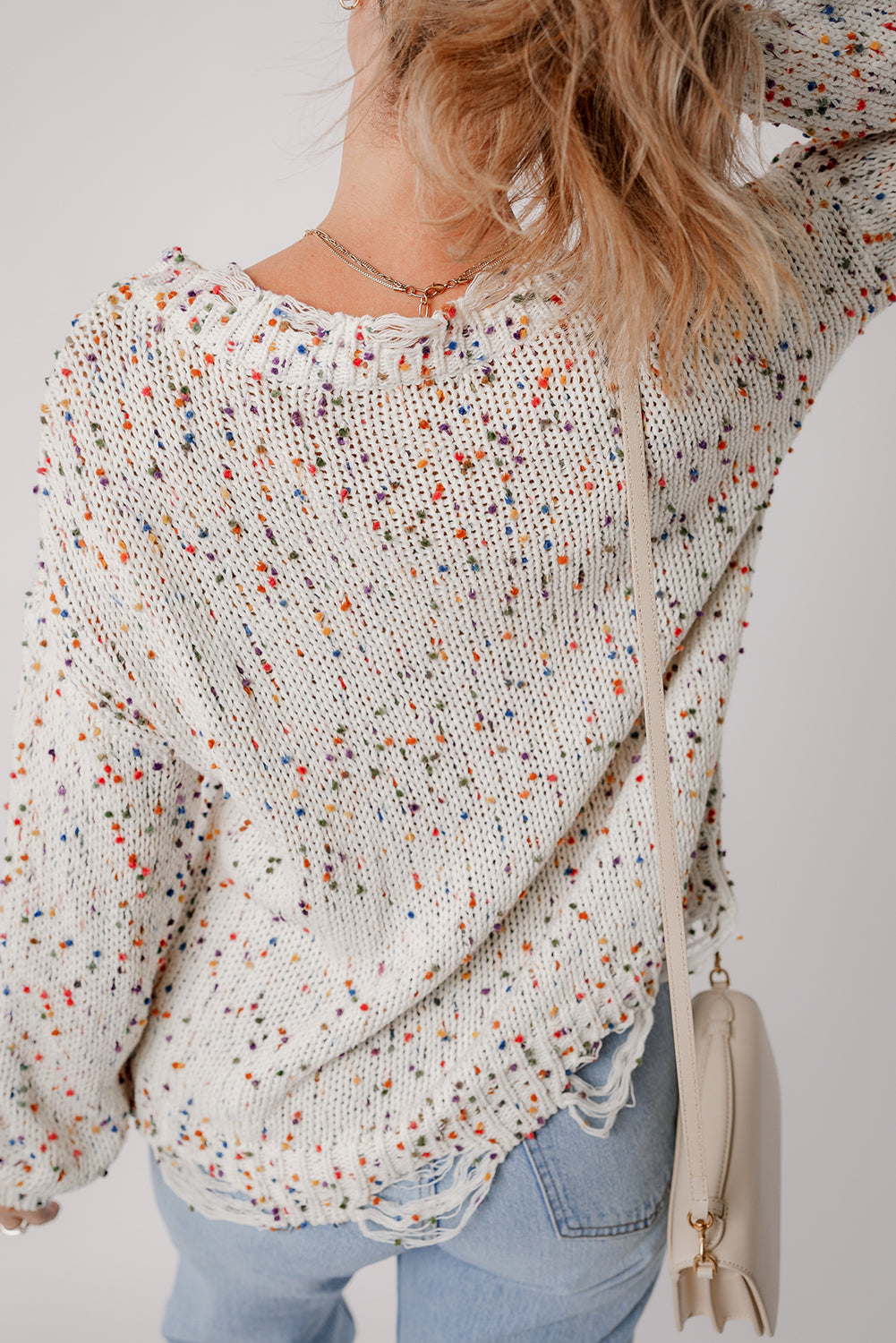 White Confetti Rib Knit Long Sleeve Cardigan