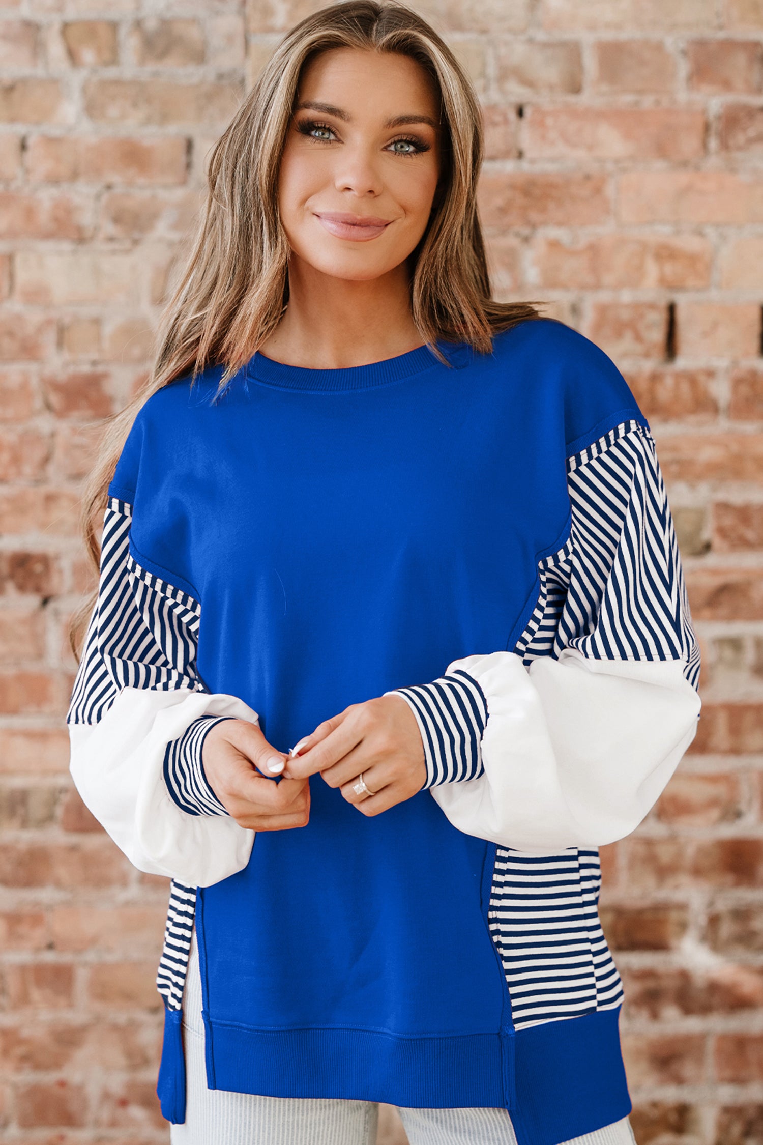 Racing Red Striped Patchwork Sleeve Colorblock Sweatshirt