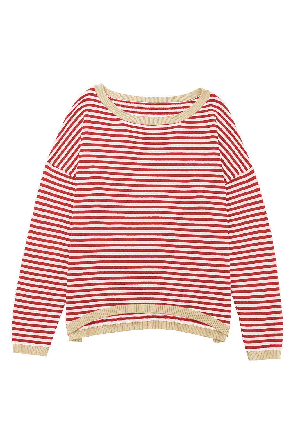 Fiery Red Striped Contrast Trimmed Drop Shoulder Sweater