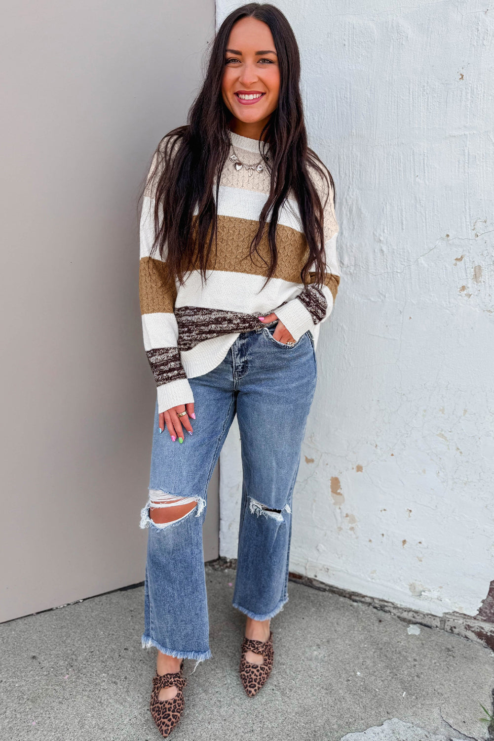 Green Mixed Texture Knit Striped Color Block Loose Sweater