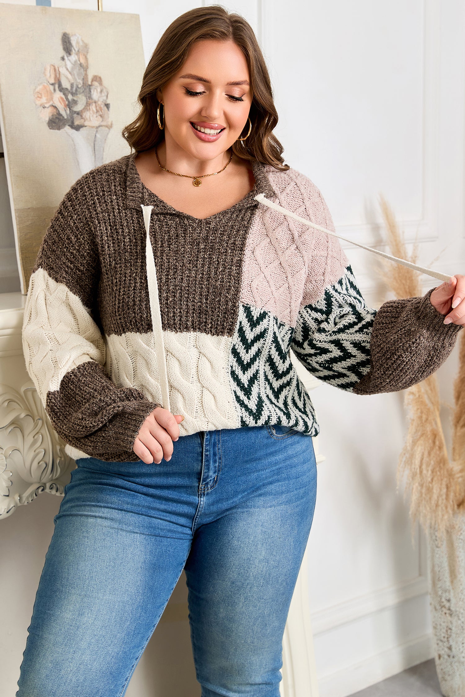 Brown Color Block Patchwork Knotted Back Loose Fit Sweater