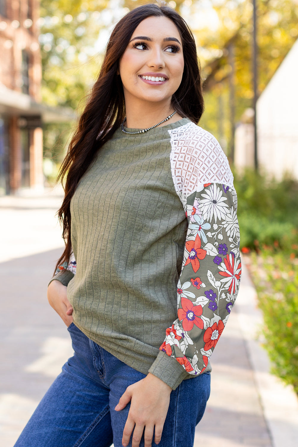 Vineyard Green Plus Size Textured Floral Patchwork Raglan Sleeve Blouse