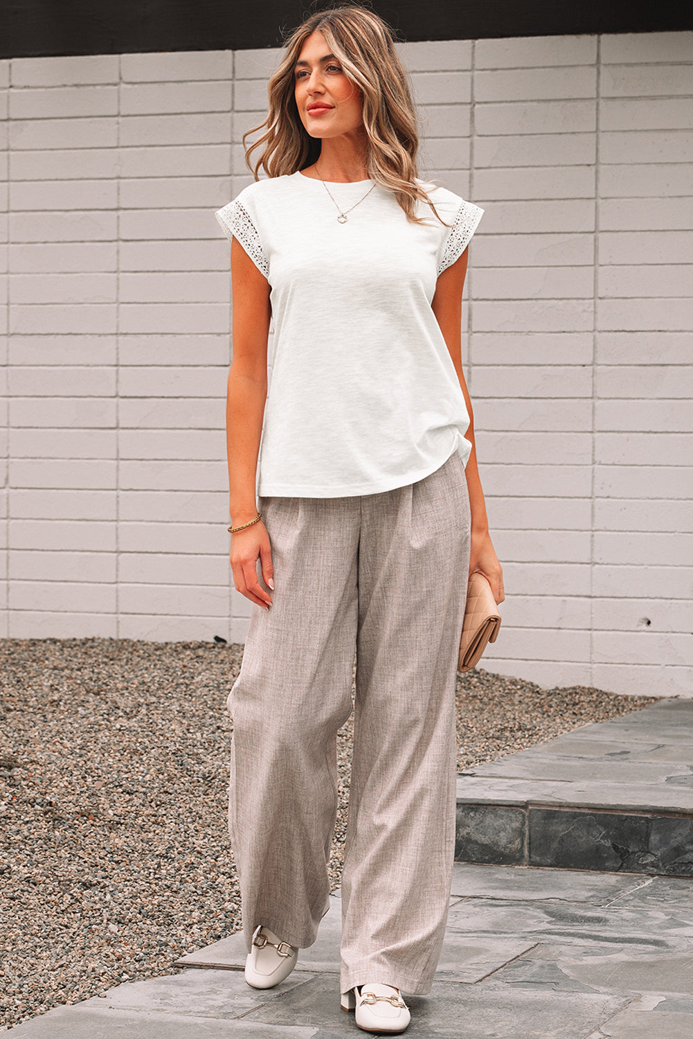 Yellow Cream Lace Patchwork Cap Sleeve Round Neck T Shirt