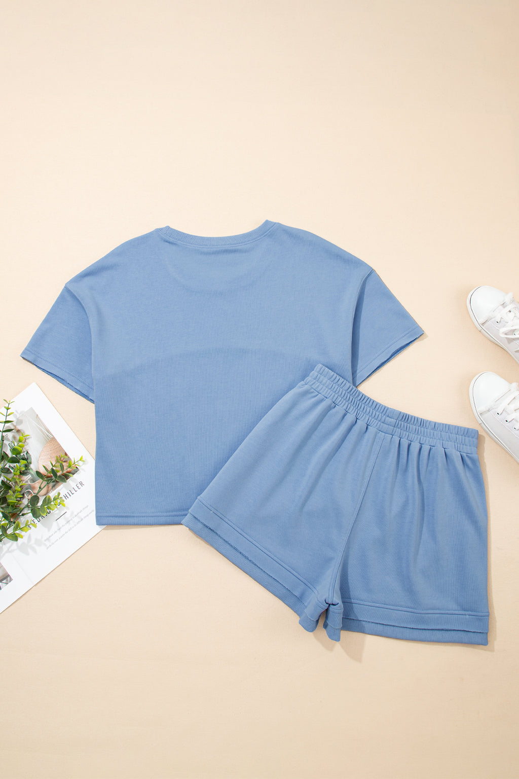 Mist Blue Solid Color Loose Tee Drawstring Wide Leg Pants 2pcs Outfit
