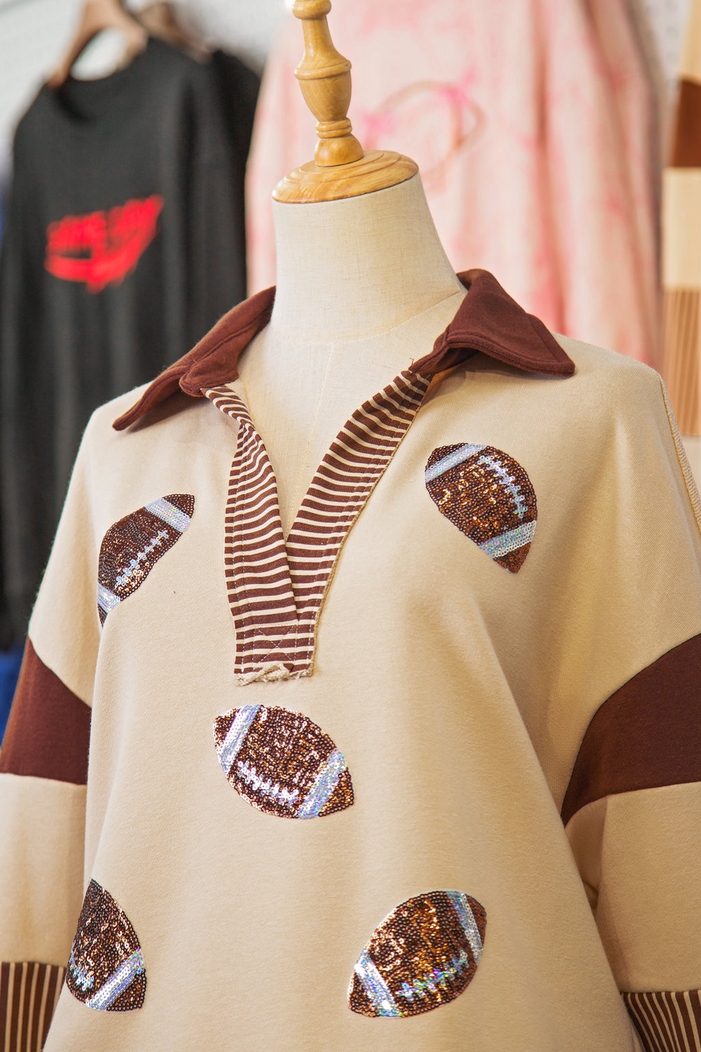 Light French Beige Color Block Striped Patchwork Sequin Rugby Graphic Polo Sweatshirt