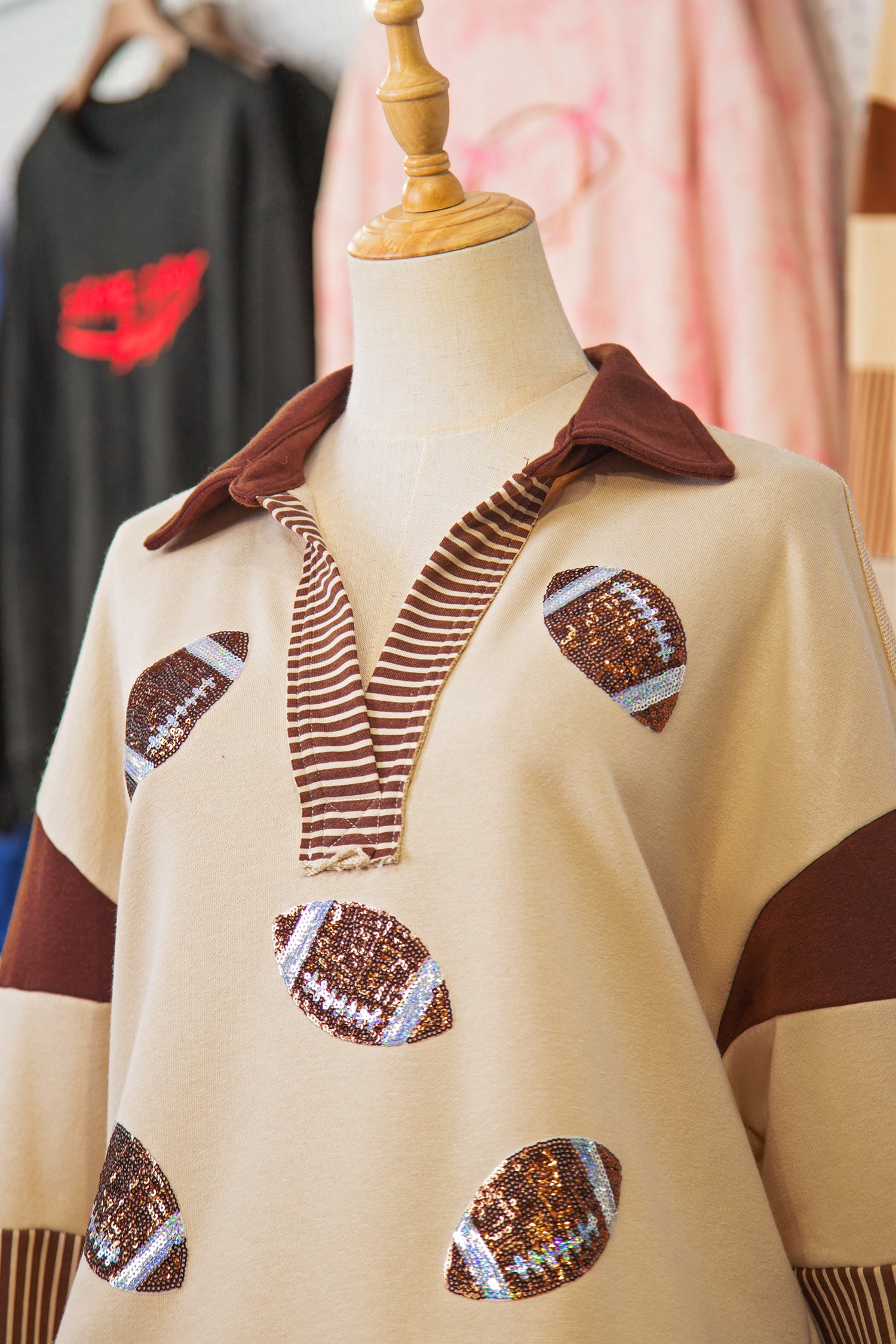 Light French Beige Color Block Striped Patchwork Sequin Rugby Graphic Polo Sweatshirt