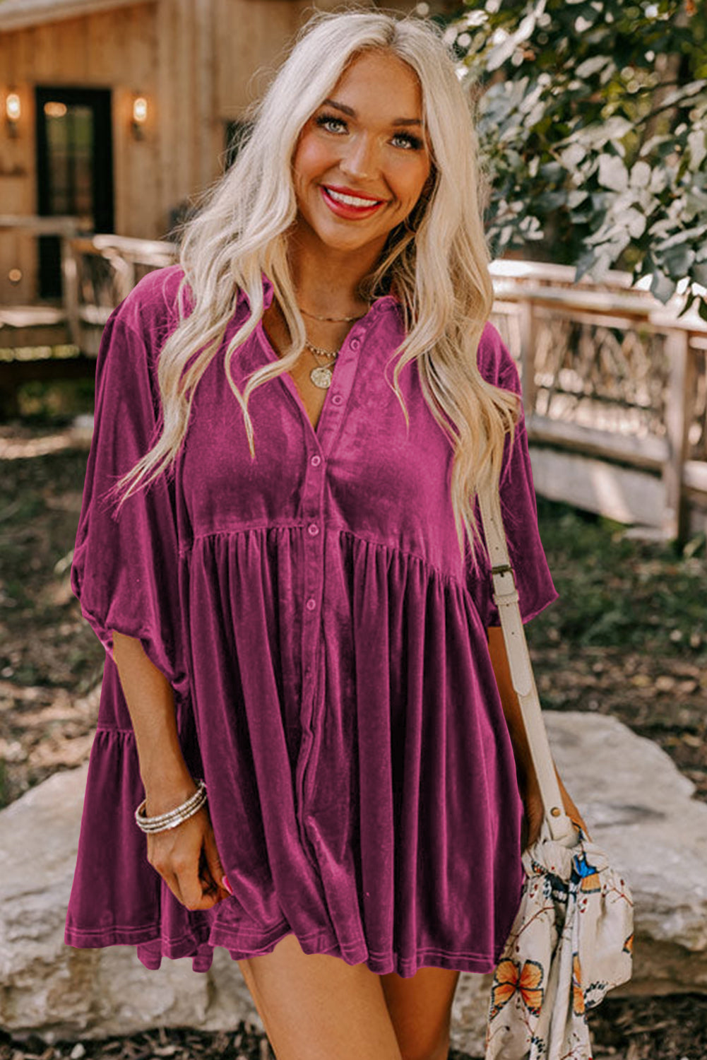 Burgundy 3/4 Sleeve Tunic Babydoll Velvet Shirt