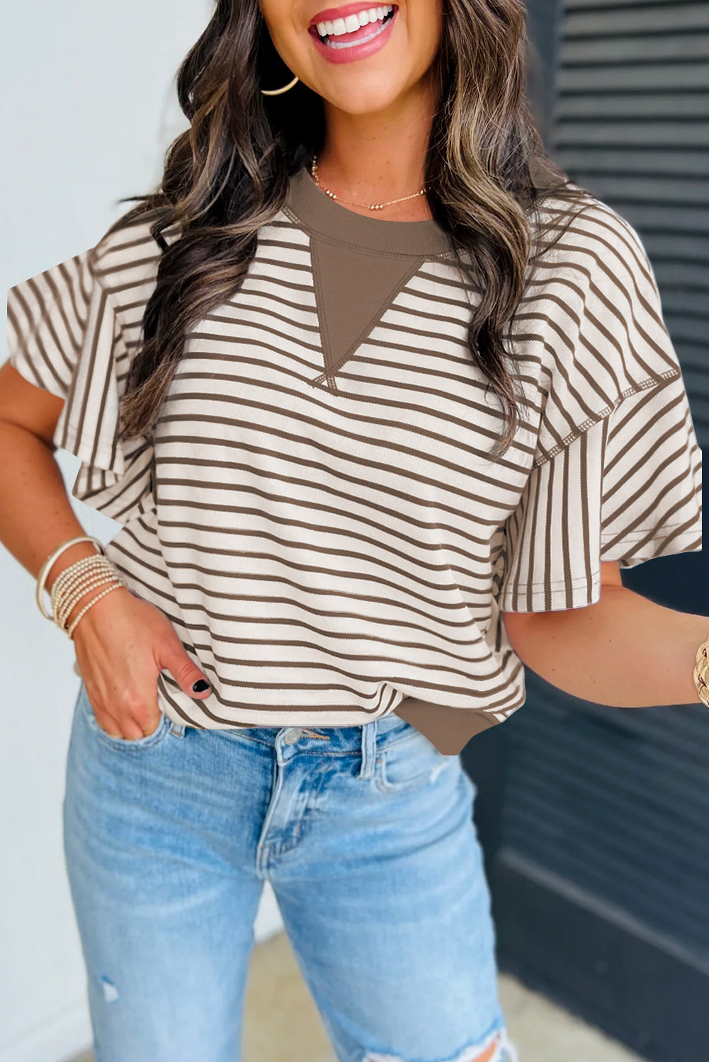Bright Green Contrast Detail Striped Ruffle Short Sleeve Top