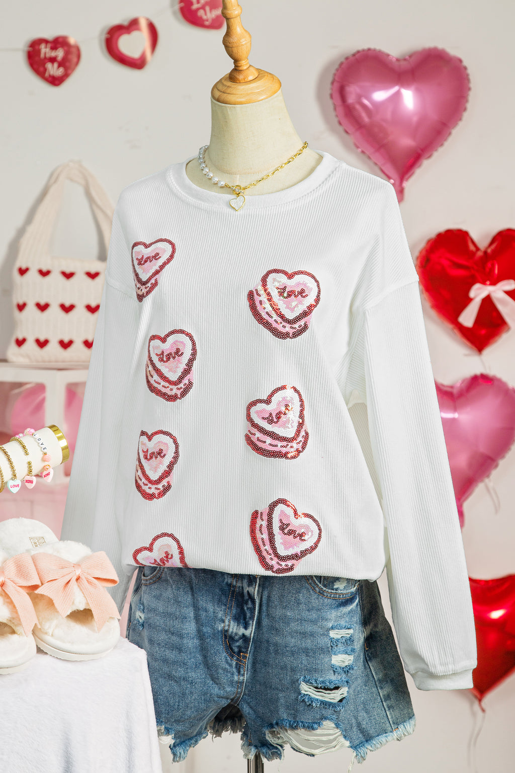 White Sequin Love Heart Pattern Corded Valentines Sweatshirt