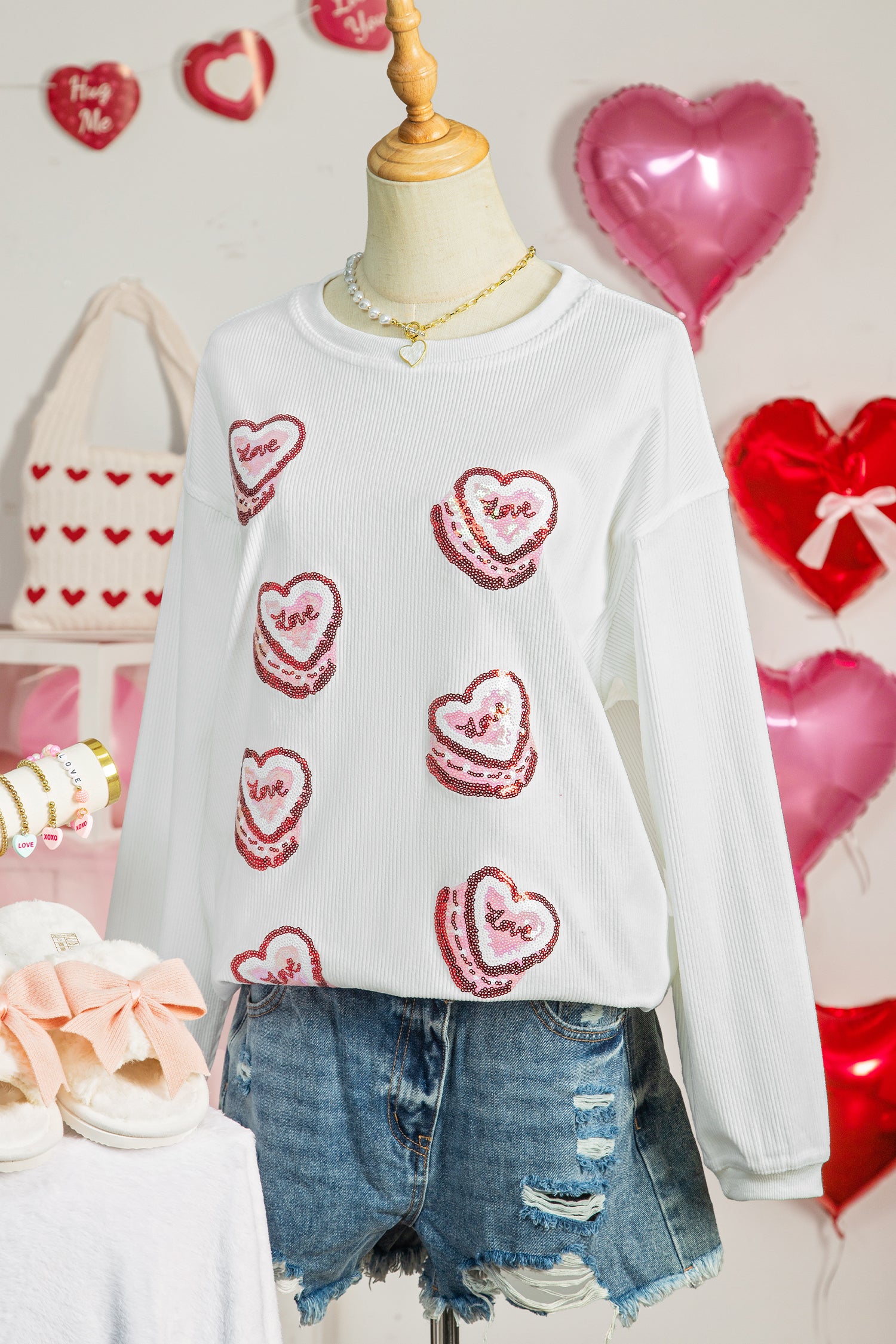 White Sequin Love Heart Pattern Corded Valentines Sweatshirt