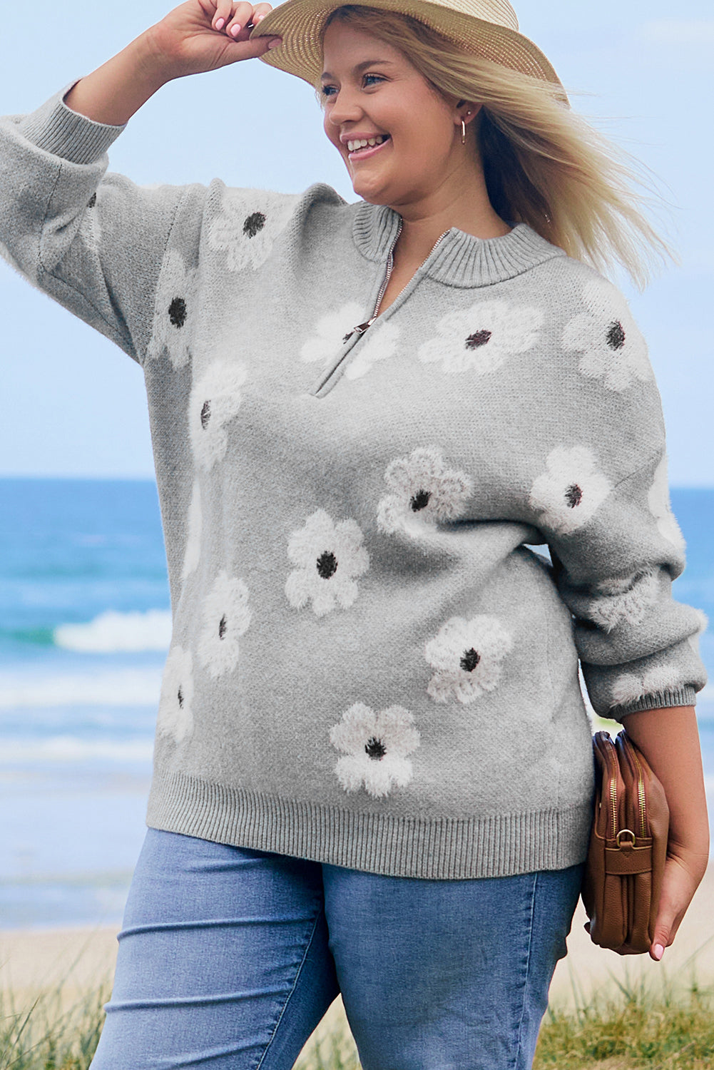 Khaki Floral Pattern Half Zip Drop Shoulder Sweater
