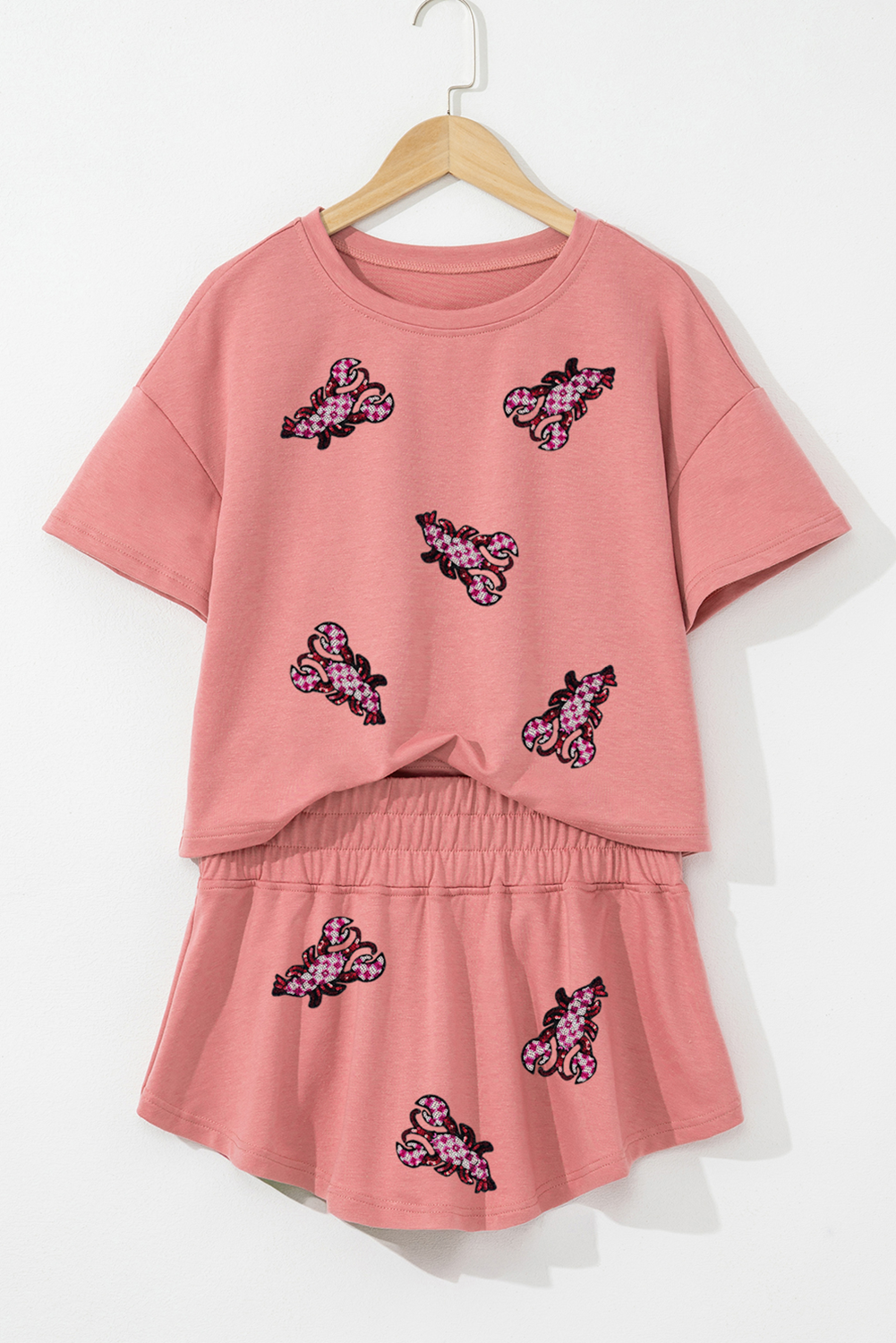 Blossom Sequined Lobster Patched Crop Tee and High Waist Short Set