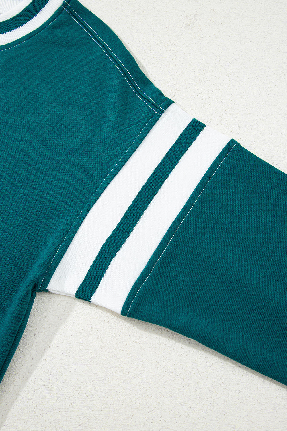 Blackish Green Contrast Striped Patchwork Round Neck Drop Shoulder Sweatshirt